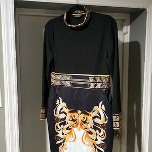 Baroque Geometric Print Long Sleeve Work Dress